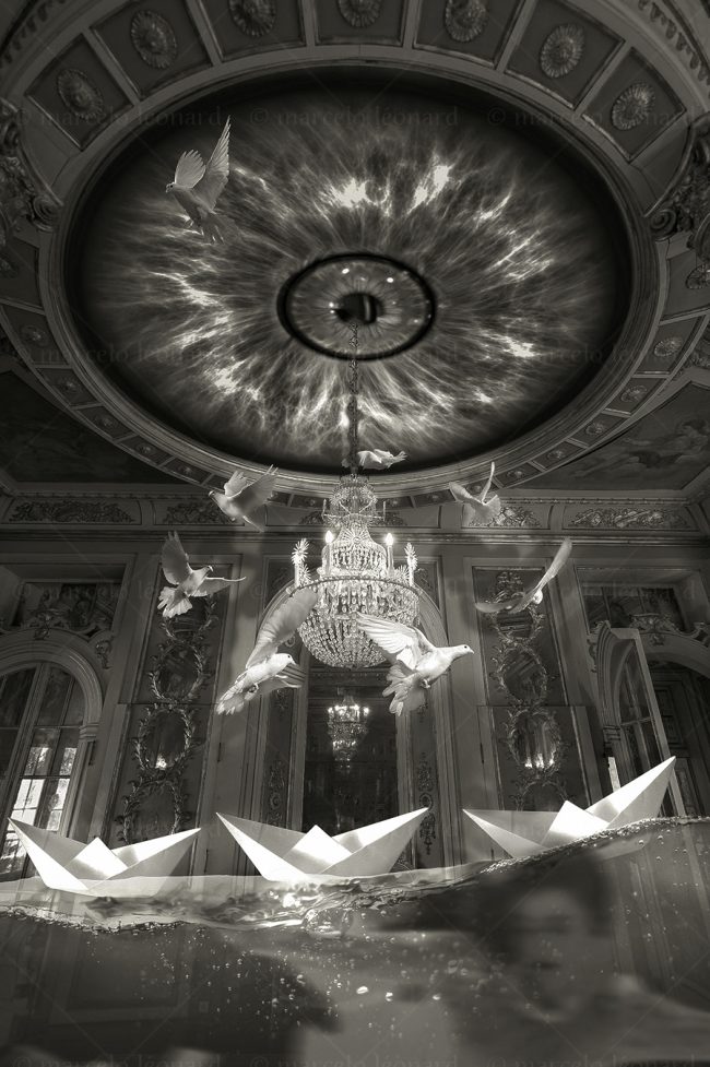 photography conceptual surrealism darkmood oneiric black and white dreamlike hall paper boat ocean dove lamp eye marcelo leonard