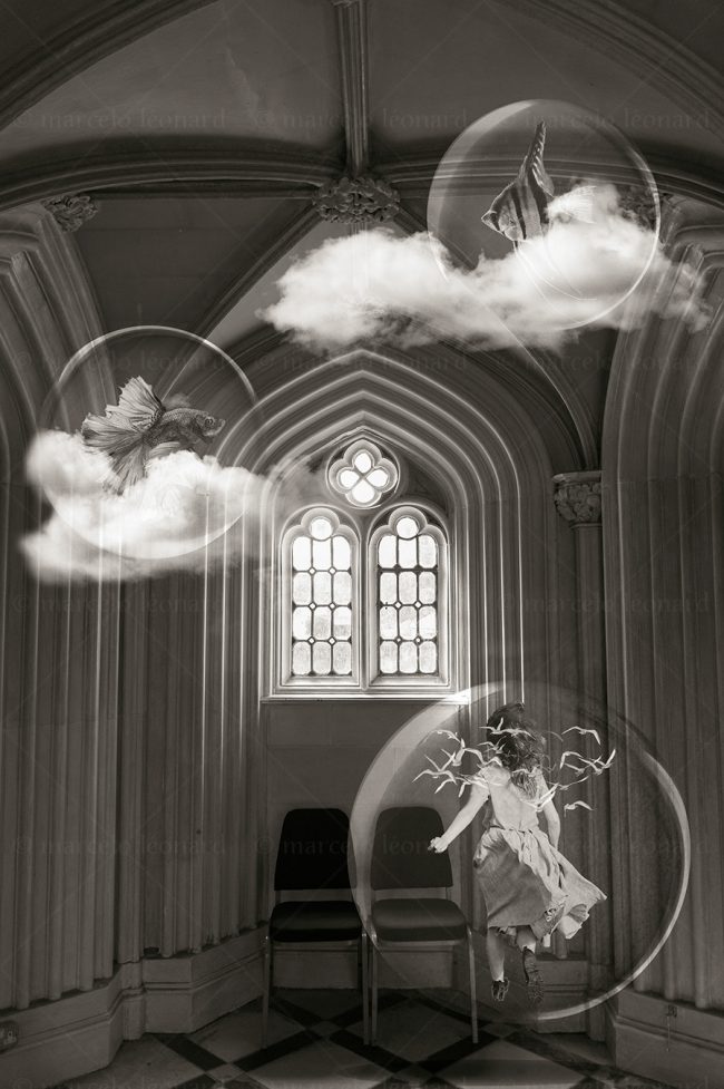 photography conceptual surrealism darkmood oneiric black and white dreamlike bubble girl fish window cloud seagull marcelo leonard