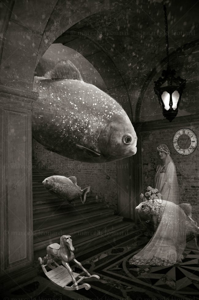 photography conceptual surrealism darkmood oneiric black and white dreamlike ghost woman fish clock stairs hobbyhorse marcelo leonard