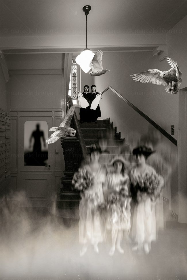 photography conceptual surrealism darkmood oneiric black and white dreamlike terror stair girl owl fog marcelo leonard