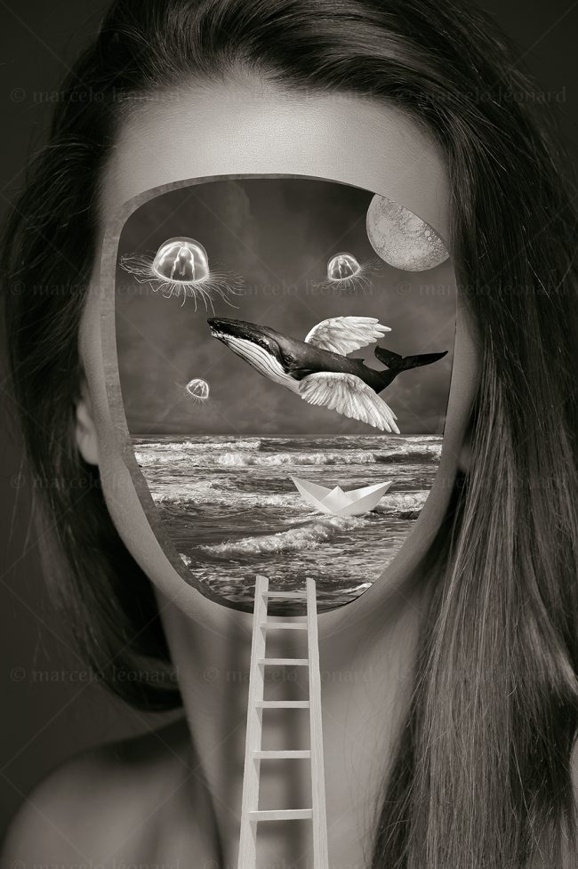 photography conceptual surrealism darkmood oneiric black and white dreamlike woman face whale wing jellyfish stairs ladder marcelo leonard
