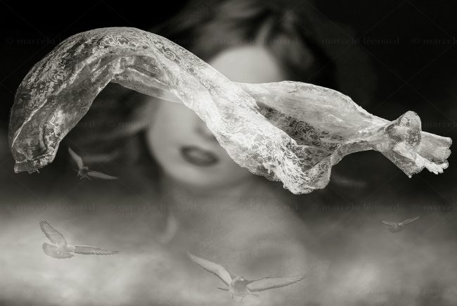 photography conceptual surrealism darkmood oneiric black and white dreamlike woman portrait veil dove fog blurred marcelo leonard