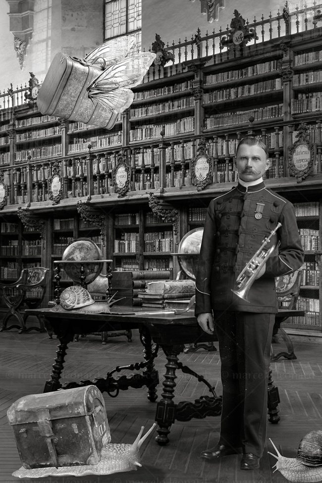 os01 photography conceptual snail surrealism darkmood soldier trumpet library oneiric black and white suitcase dreamlike marcelo leonard
