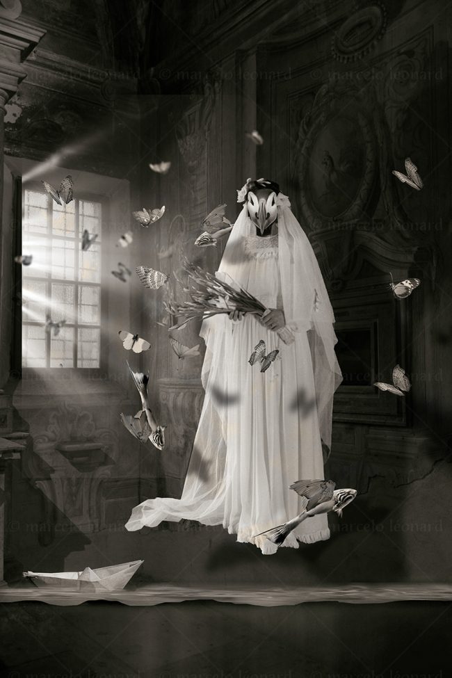 os02 photography conceptual surrealism darkmood bride butterfly paper boat oneiric black and white dreamlike marcelo leonard