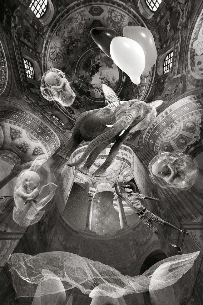 os03 photography conceptual surrealism darkmood oneiric church elephant ballon black and white veil dreamlike marcelo leonard