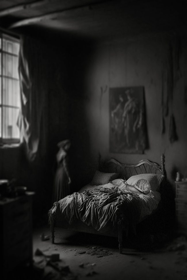 b10, bedroom, window, decay, bed, ruins, nightmare, dark mood, oneiric, dreamlike, marcelo leonard