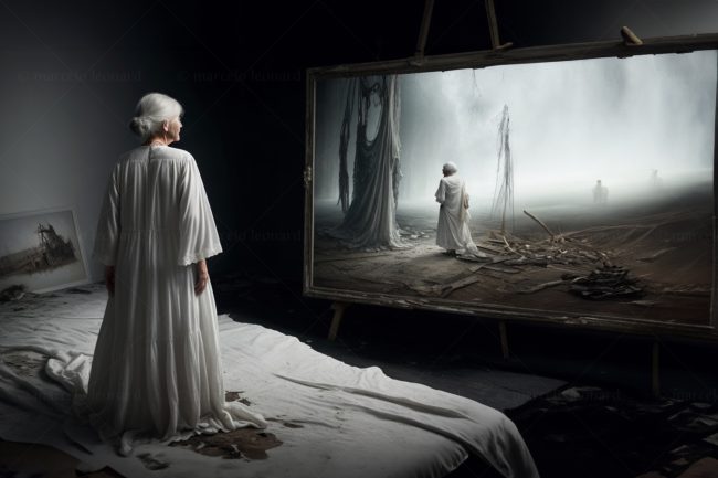 eldery woman nightgown picture oneiric painting bedroom decay dilapidated marcelo leonard