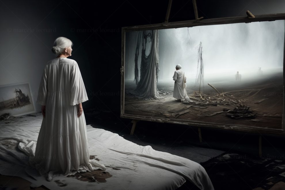 eldery woman nightgown picture oneiric painting bedroom decay dilapidated marcelo leonard