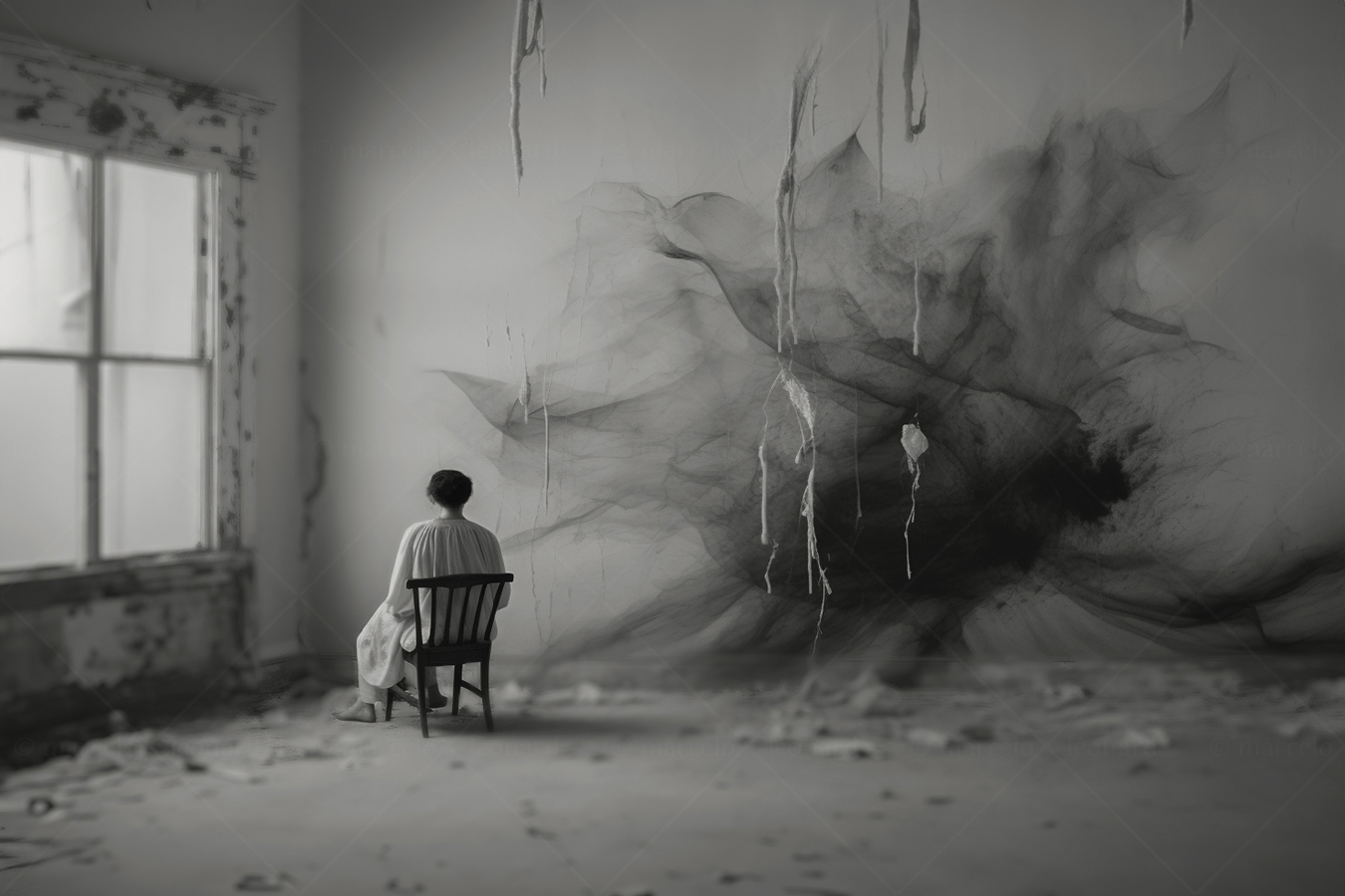 empty room window decay ruins woman chair darkmood mindfulness marcelo leonard