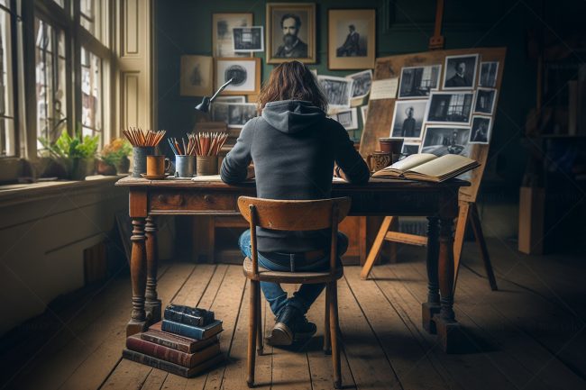 room books notebook photographs man table jeans pencils marcelo leonard