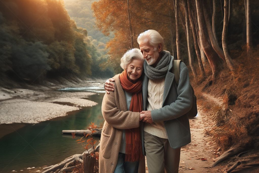 eldery woman man forest autumn river path hapiness marcelo leonard