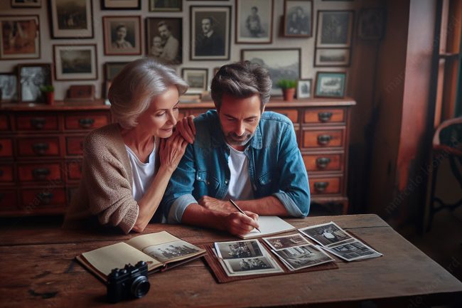 couple middle aged photograps casual clothes comment wood table marcelo leonard