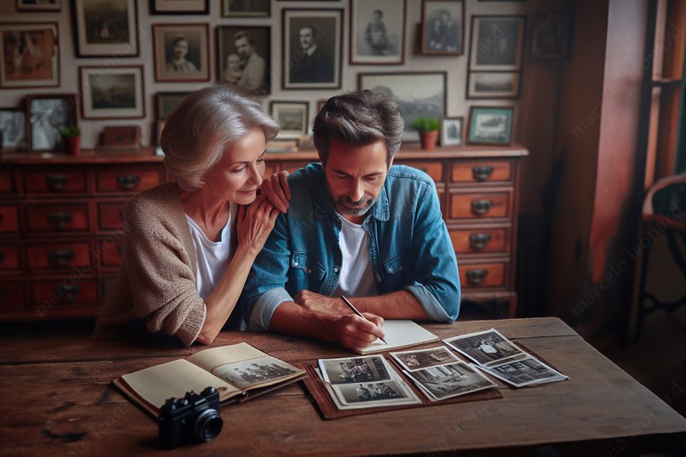couple middle aged photograps casual clothes comment wood table marcelo leonard
