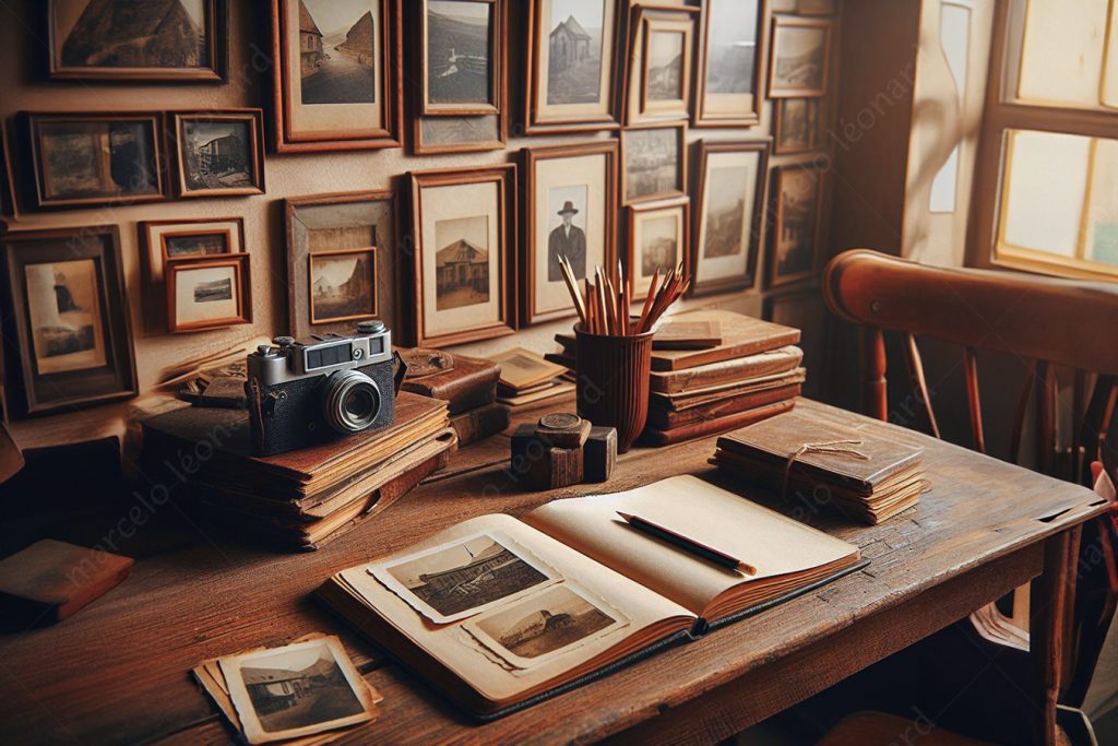 desk old books photographs pencil woode table marcelo leonard