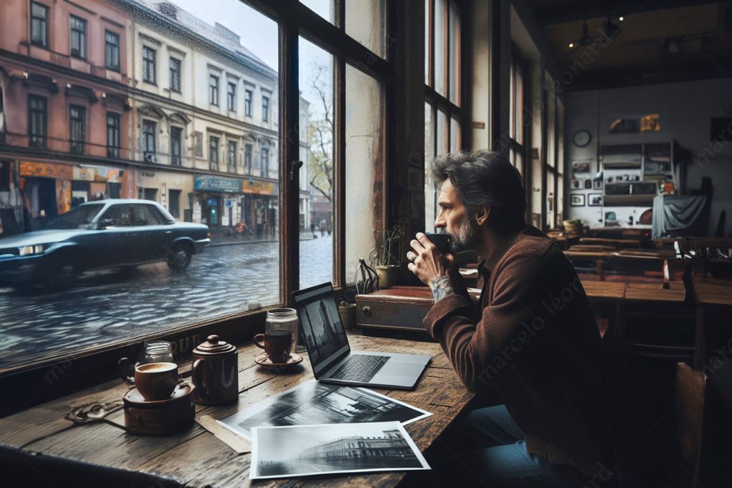 cafe coffeshop rain street bar laptop man cupmarcelo leonard