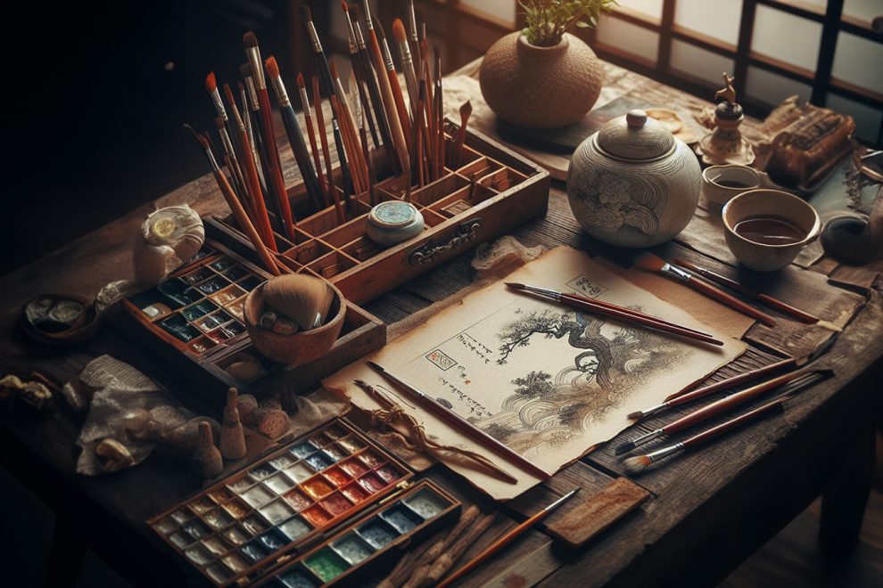 watercolor brush japanese painting wooden table marcelo leonard