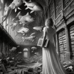 02 fish oneiric surrealism dreamlike surreal conceptual library flood woman nightgown