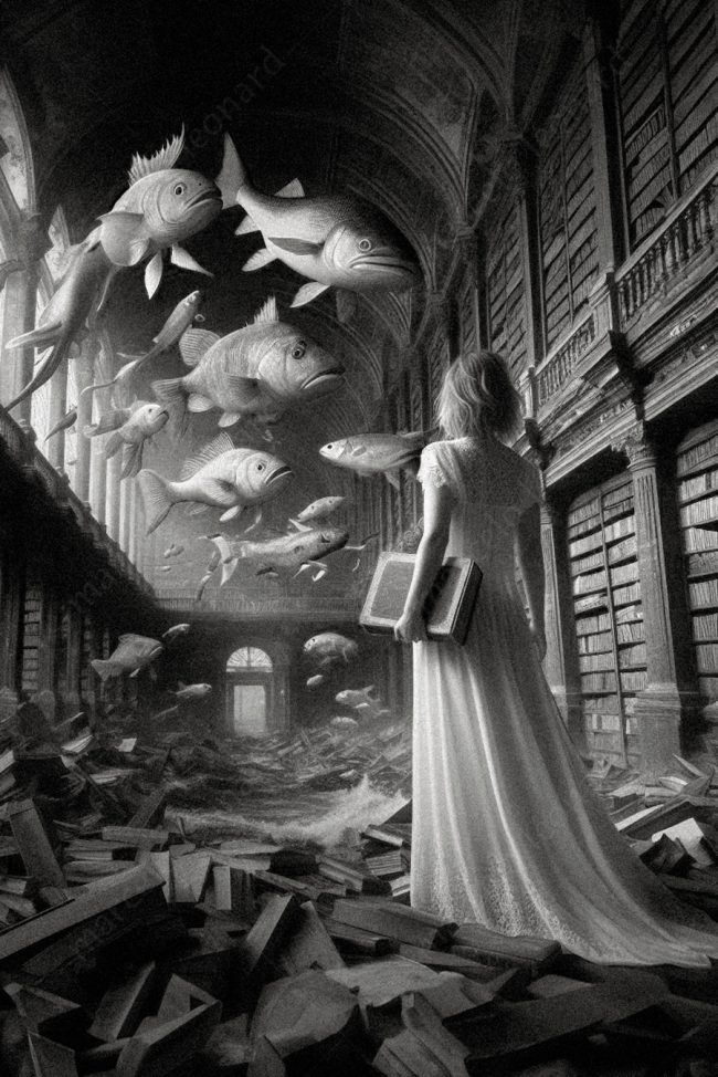 02 fish oneiric surrealism dreamlike surreal conceptual library flood woman nightgown