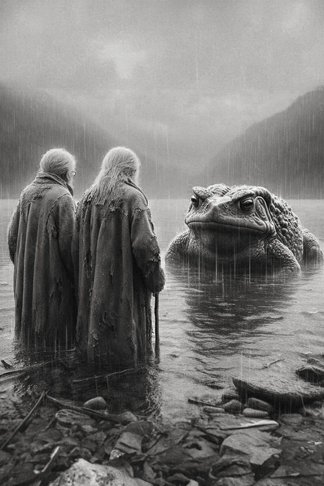 03 toat oneiric surrealism dreamlike surreal conceptual lake mountain rain eldery people tattered clothes