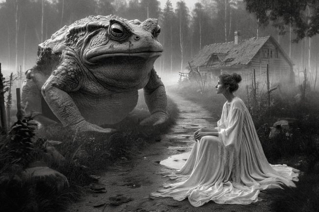 04 frog oneiric surrealism dreamlike surreal conceptual woman forest rain ruinshouse nightgown fog