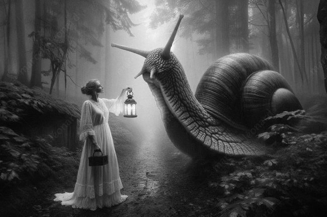 05 snail oneiric surrealism dreamlike surreal conceptualforest path lantern woman nightgown fog
