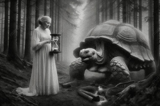 06 turtle oneiric surrealism dreamlike surreal conceptual eldery woman hourglass pathforest fog nightgown