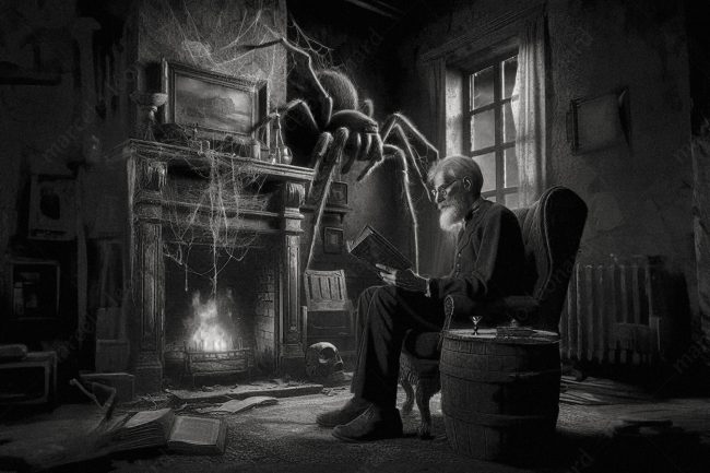 08 spider oneiric surrealism dreamlike surreal conceptual fireplace armchair book eldery man abandoned room