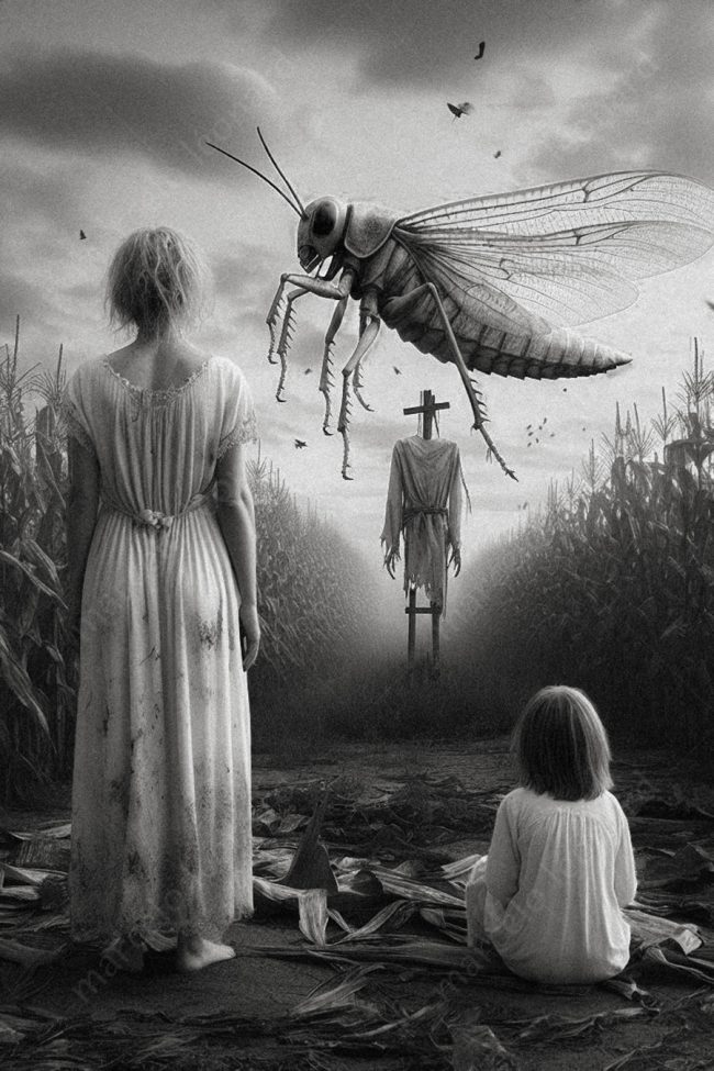 10 grasshopper oneiric surrealism dreamlike surreal conceptual scarecrow girl cornfield fade woman nghtgown