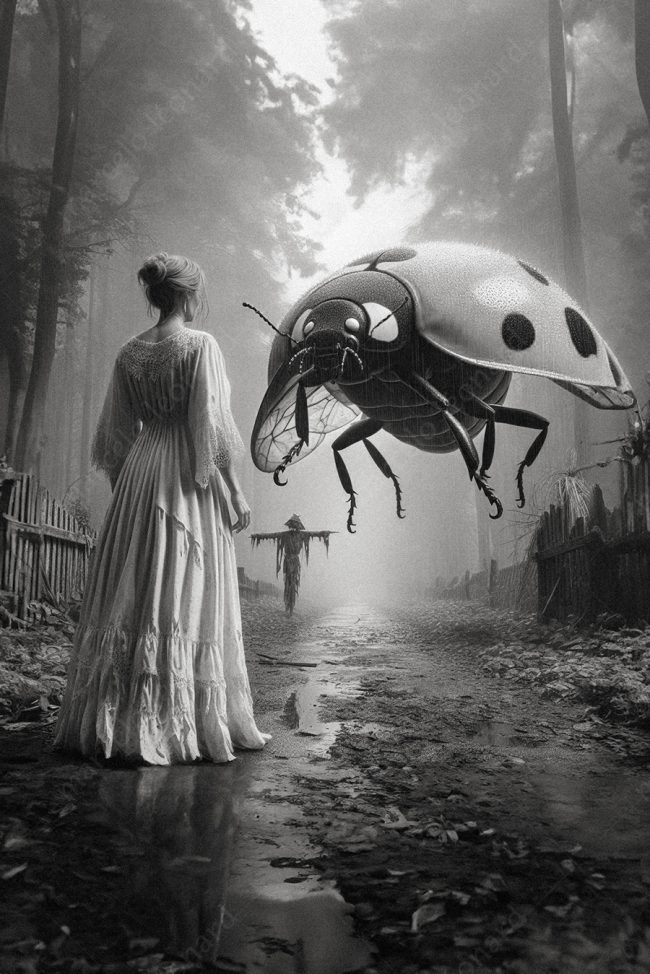 12 ladybug oneiric surrealism dreamlike surreal conceptual path forst rain scarecrow fog woman nightgown