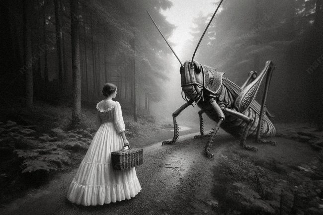 13 grasshopper oneiric surrealism dreamlike surreal conceptual path forest foggy suitcase vintage clothes woman
