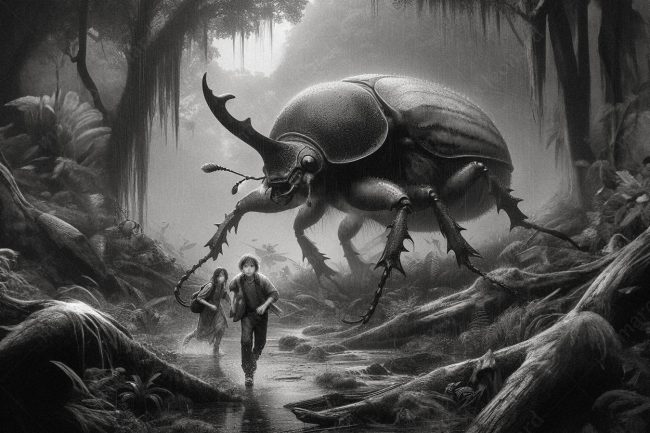 14 beetle oneiric surrealism dreamlike surreal conceptual pathforest foggy rain children boy girl river