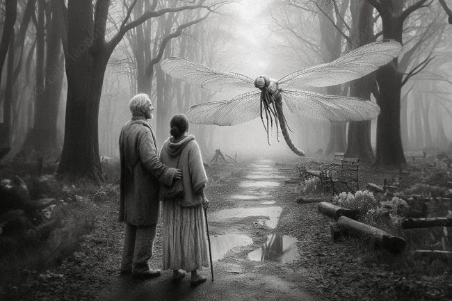 15 dragonfly oneiric surrealism dreamlike surreal conceptual path forest man woman stick rain fog