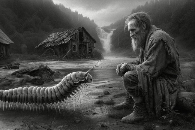 16 worm oneiric surrealism dreamlike surreal conceptual eldery man lake abandoned house ruins ran fog