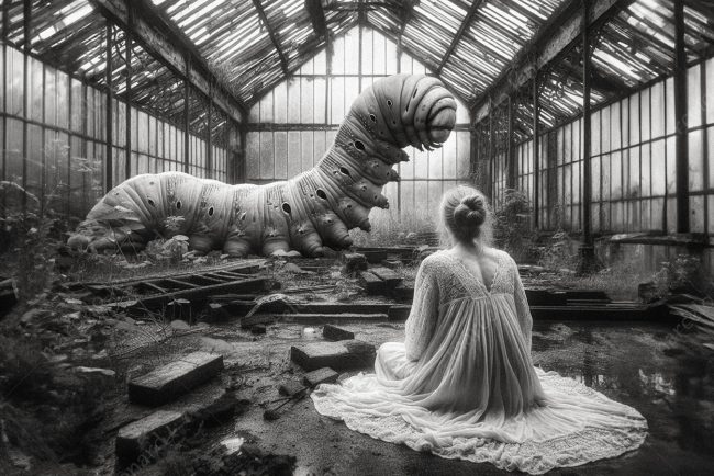 18 worm oneiric surrealism dreamlike surreal conceptual abandoned rusty greenhouse woman nightgown