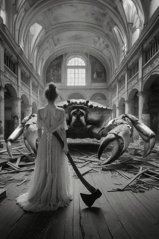 19 crab oneiric surrealism dreamlike surreal conceptual axe abandoned ruins church woman nightgown
