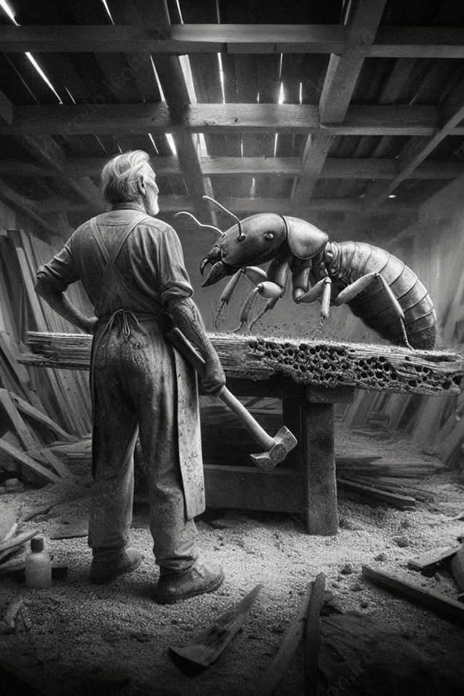 21 termite oneiric surrealism dreamlike surreal conceptual carpenter hammer sawdust wood shavings table