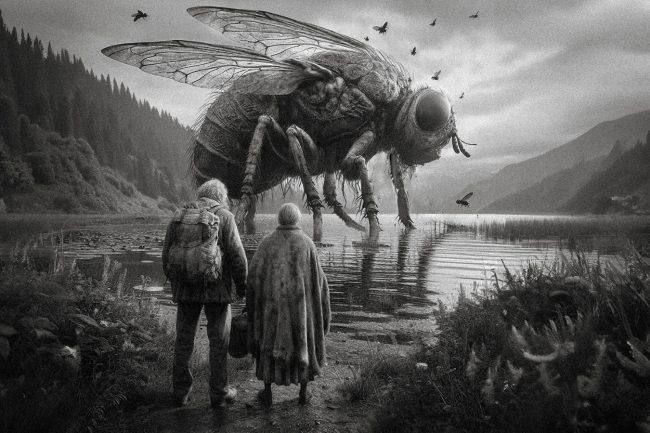 22 fly oneiric surrealism dreamlike surreal conceptual lake rain eldery couple dirty tattered clothes