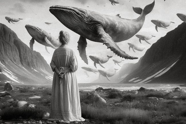 24 wale oneiric surrealism dreamlike surreal conceptual sea ocean foggy eldery woman nightgown rain