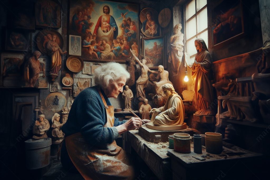 religion paintings sculpture artist workshop elder woman marcelo leonard