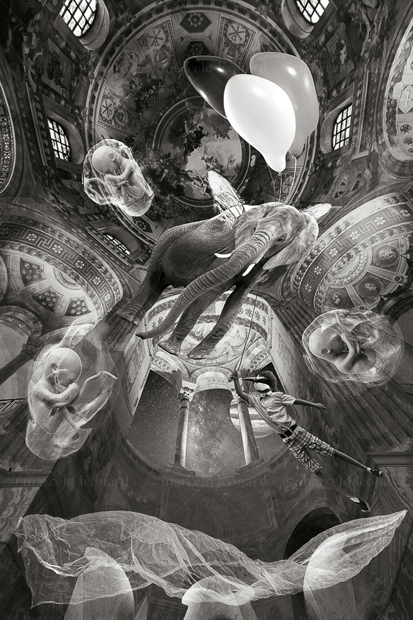 10 c photography conceptual surrealism darkmood oneiric church elephant ballon black and white veil dreamlike marcelo leonard