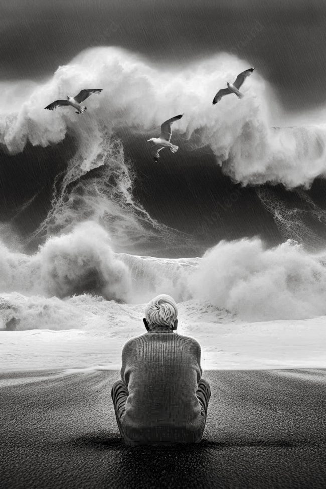 a 01 man elder beach waves storm doves sad buddhism marcelo leonard
