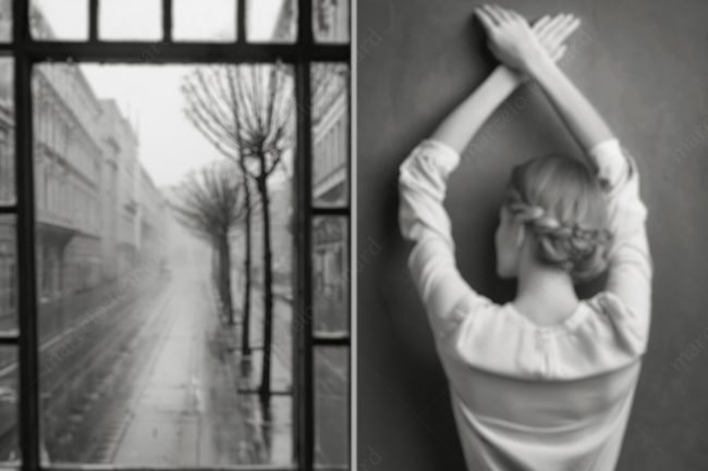 a 05 woman window street empty rain wall back buddhism marcelo leonard