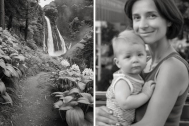 a 14 gil woman child waterfall forest path rain buddhism marcelo leonard