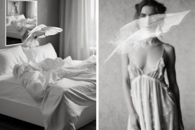 a 16 room bed feather girl woman nightgown dove window buddhism marcelo leonard