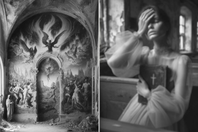 a 17 hell painting fresco abandoned decay church bible girl woman window buddhism marcelo leonard
