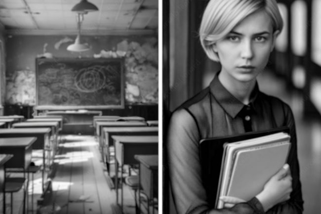 a 21 classroom chalkboard desk decay abandoned girl woman folderr buddhism marcelo leonard