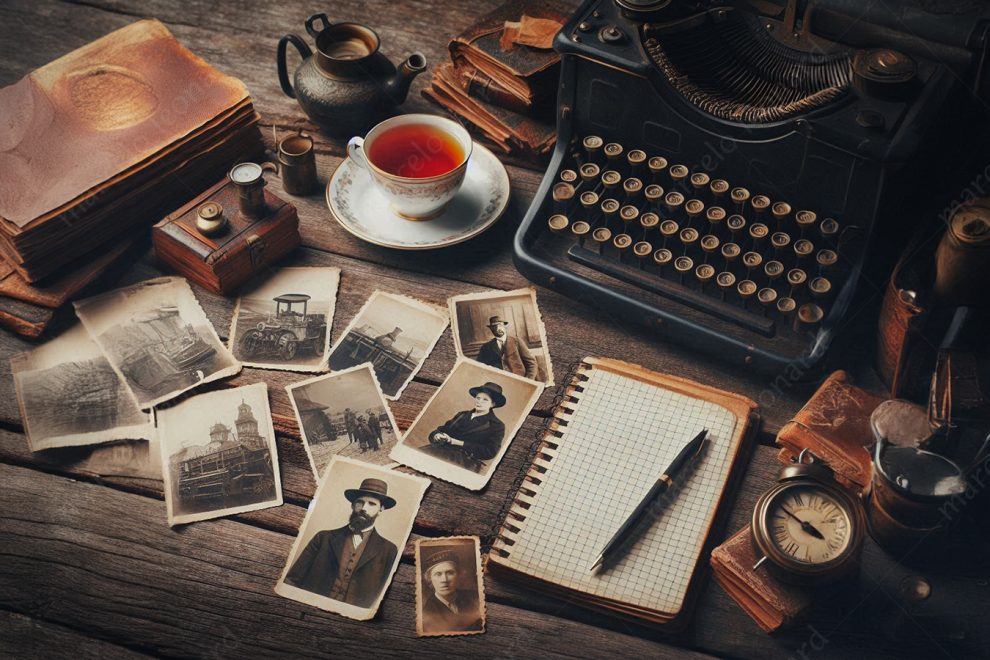 antique vintage book photograph typewriter laptop compass pen tea cup marcelo leonard