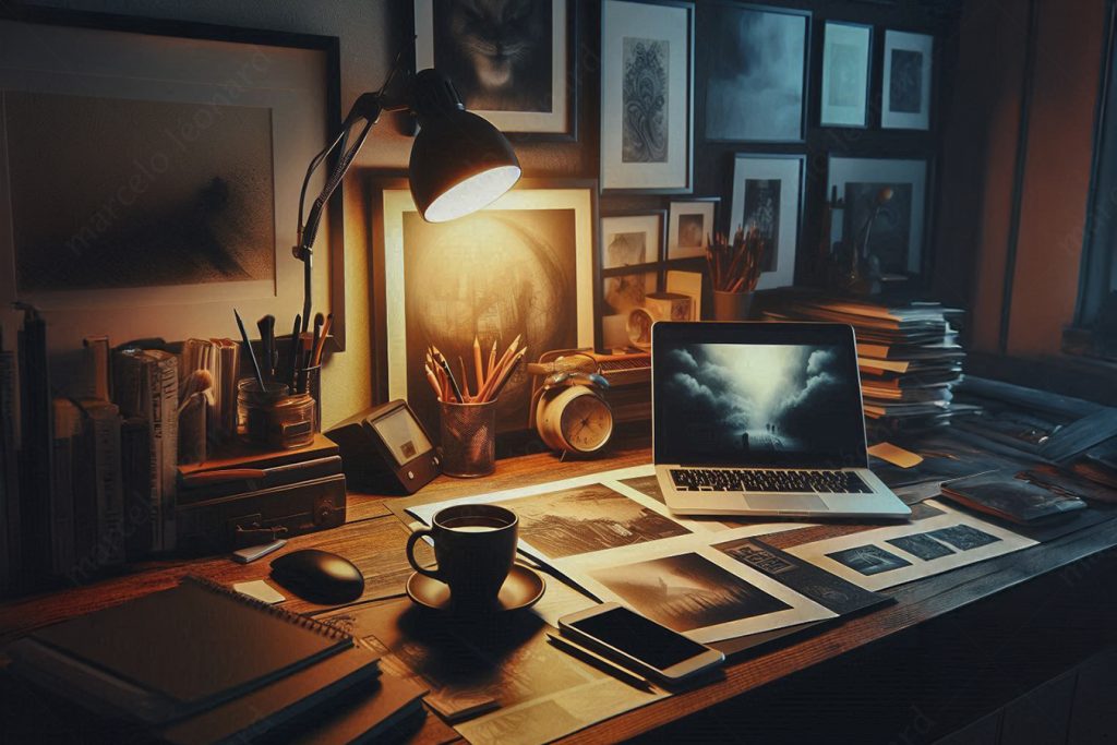 gooseneck lamp clock pencil laptop computer photographs smart phone tea cup table mouse marcelo leonard