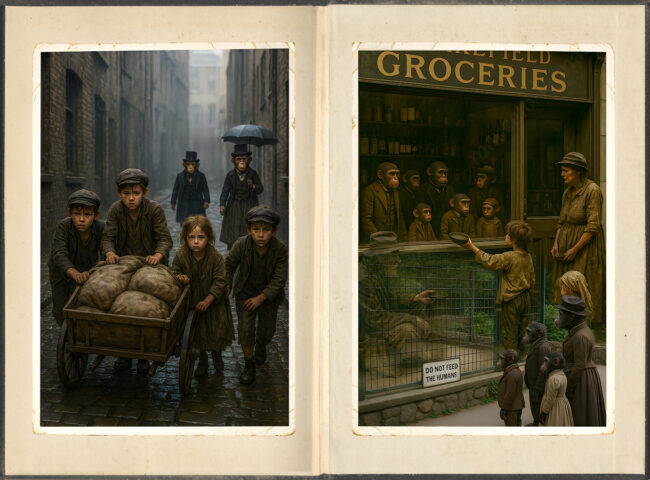 book 22 collague, digital, vintage, victorian, monkey, old paper, old book, poverty, children, begging, famine